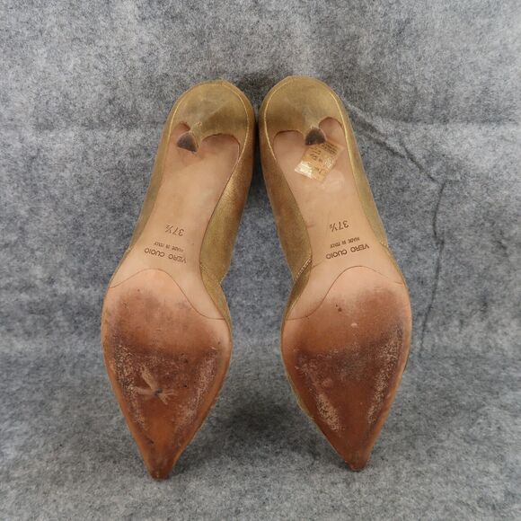 Gunmetal Shoes Womens 37.5 Pumps Fashion Stiletto Point Toe Leather Gold Formal - Picture 12 of 16